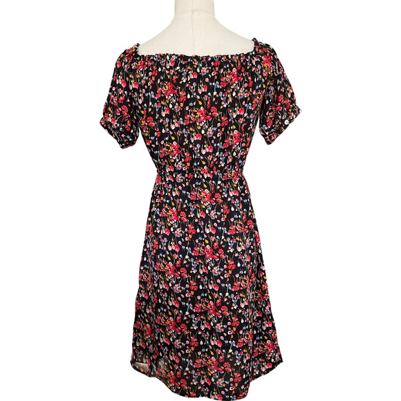Forever 21 Women's Small Floral  Black Red Dress Off-Shoulder Short Sleeve - Picture 2 of 13